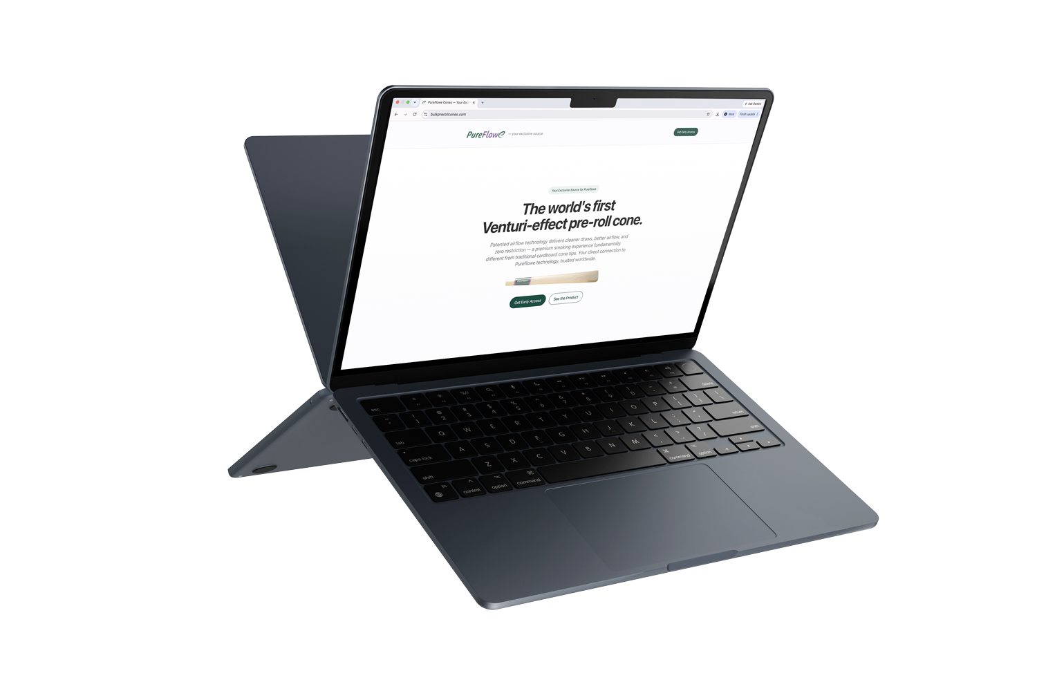 PureFlowe — Venturi-effect pre-roll cone marketing site on MacBook